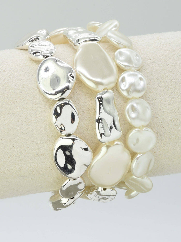 3 Piece CCB Pearl Stretch Bracelet Set: Gold