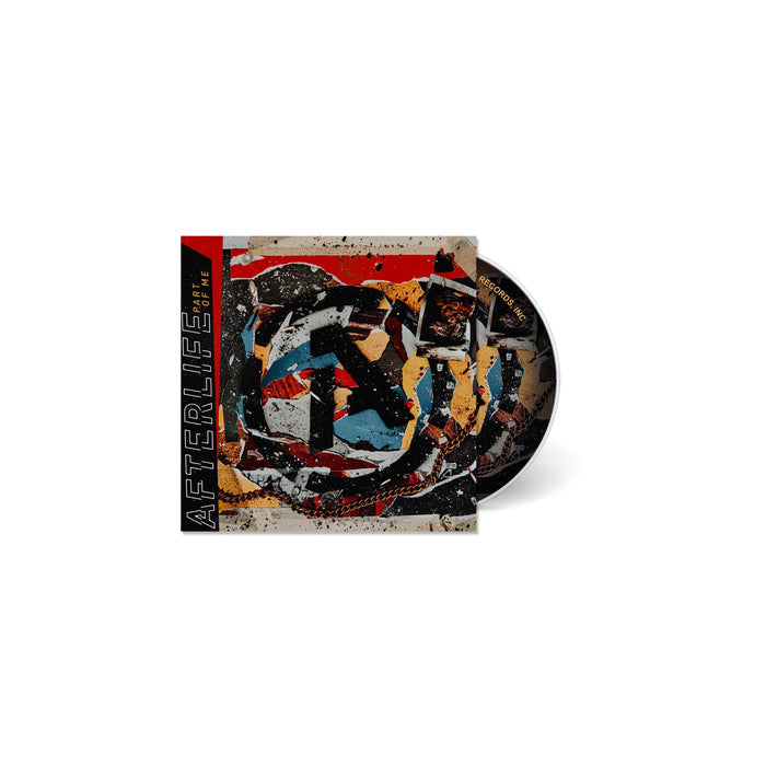 A CD slides out of its case, displaying Afterlifes bold, abstract artwork. The cover reads βAFTERLIFE PART OF MEβ and βSPIN,β hinting at a misfit anthem included in the tracklist.