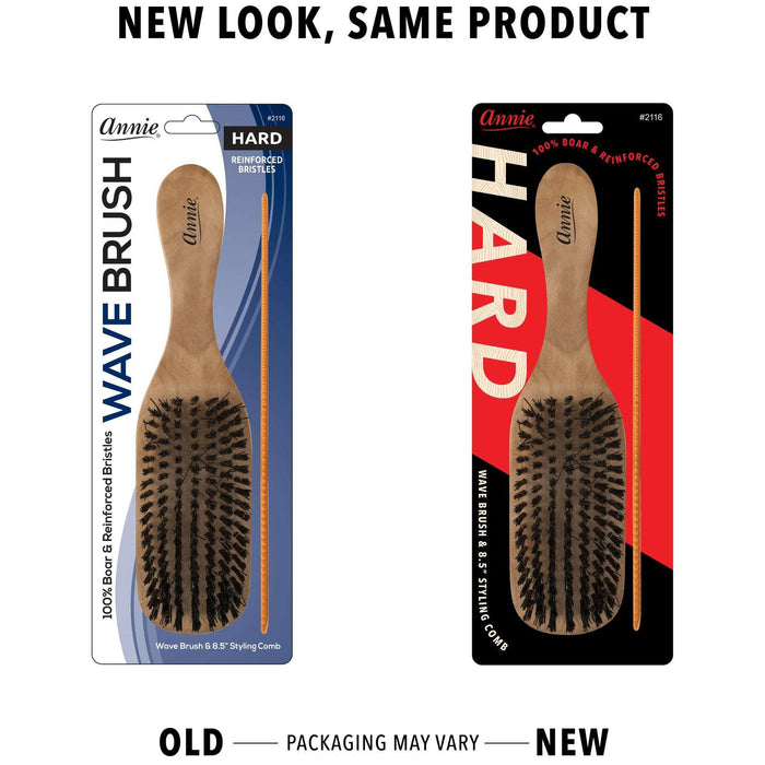 Annie Hard Wooden Wave Brush & Comb Set, Boar & Nylon Bristle, Light Brown