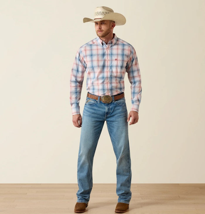 Men's Ariat long sleeve Pro Series shirt in White Plaid. Full front view showing shirt tucked in on model.
