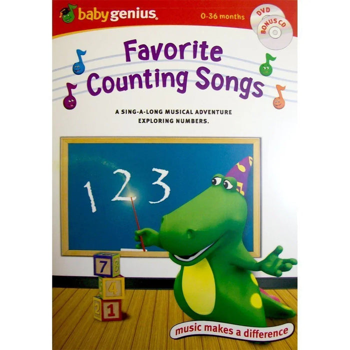 Baby Genius Favorite Counting Songs DVD cover with cartoon dinosaur, chalkboard, and counting blocks.