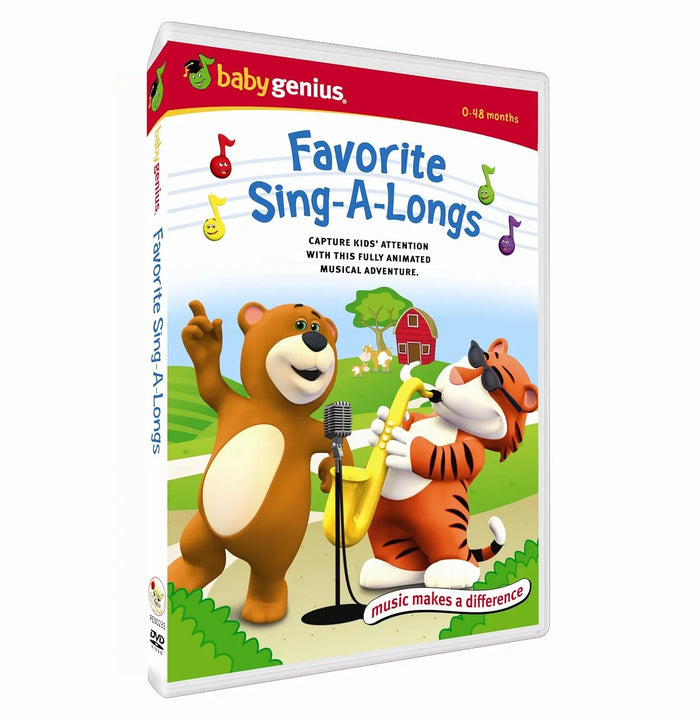 Baby Genius Favorite Sing-A-Longs DVD with cartoon bear singing and tiger playing saxophone