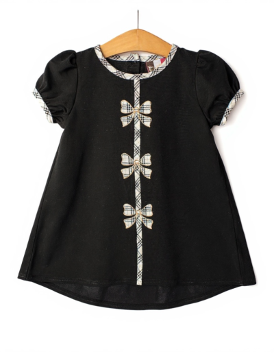 Banana Split Holly Bow Dress–Black & Gold Plaid