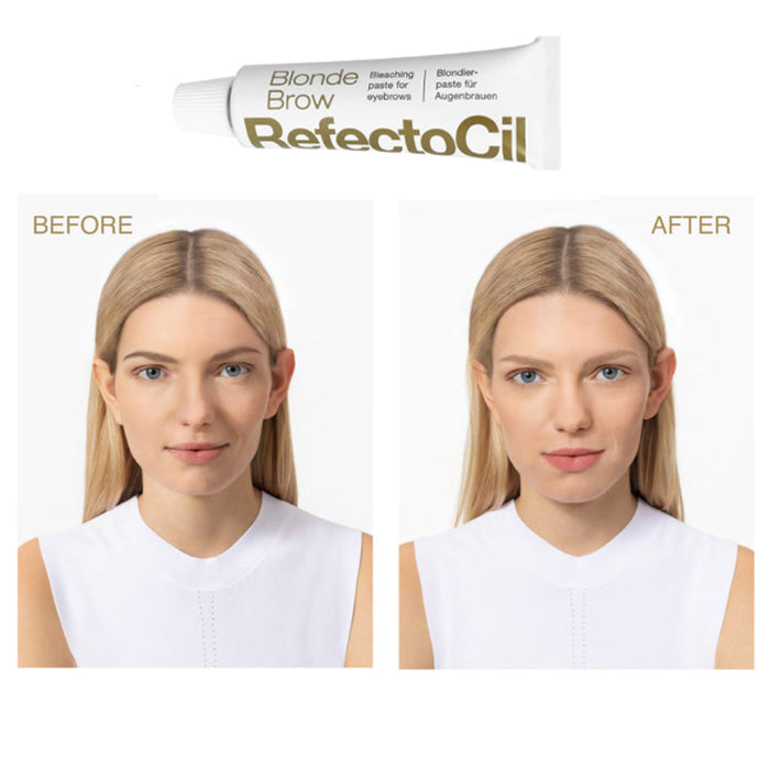 A tube of RefectoCil Blond Lash and Brow tint with image of woman before and after tinting on white background