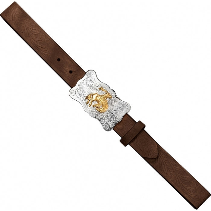 Children's brown leather embossed cowhide belt with a fancy silver Western style buckle featuring a bronze bucking bronco. Aerial view laid flat