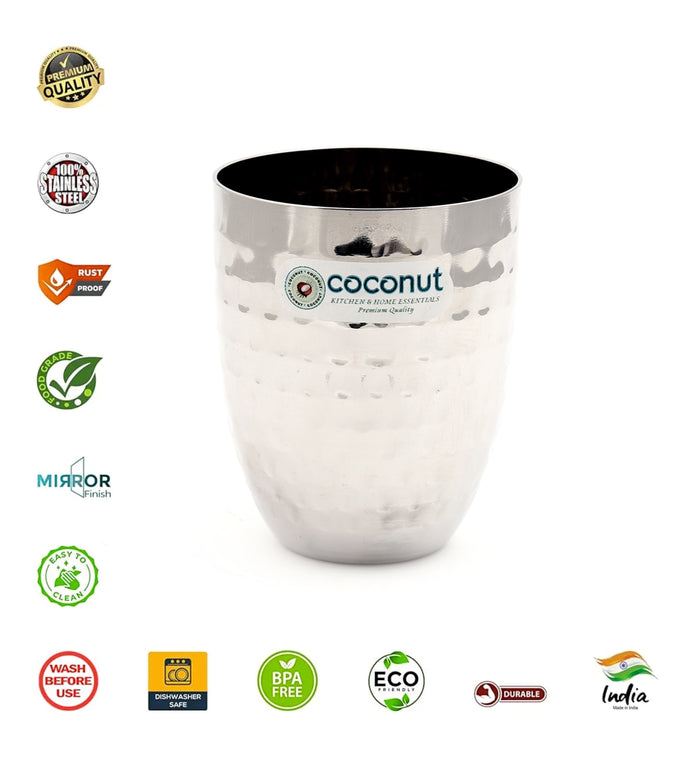 Coconut B13 Hammered Stainless Steel Glass, 200 ml, Premium Hammered Finish Drinking Tumbler, Food Grade Steel Water Glass for Juice, Milk, Lassi, Buttermilk & Daily Use, Rust Proof.