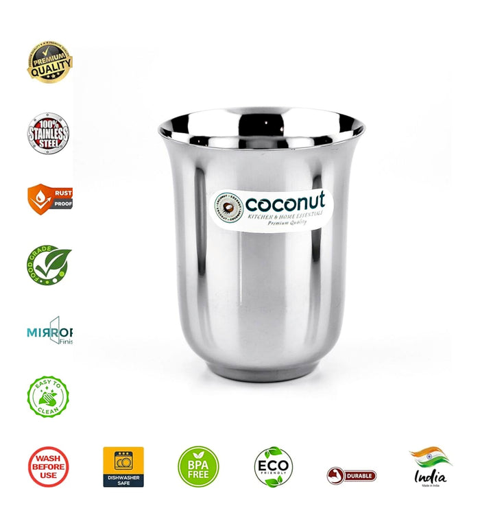 Coconut B5 Stainless Steel Plain Glass, 300 ml, Mirror Finish Drinking Tumbler, Food Grade Steel Water Glass for Juice, Milk, Lassi, Buttermilk & Daily Use, Rust Resistant.