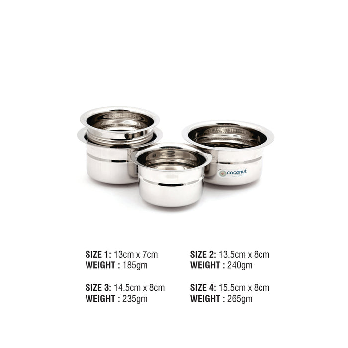 Coconut Stainless Steel Baby Topes Round Bottom - Set of 4, 300ml, 400ml, 500ml & 600ml, Mirror Finish, Tope / Patila / Pan, Model - Baby Tope