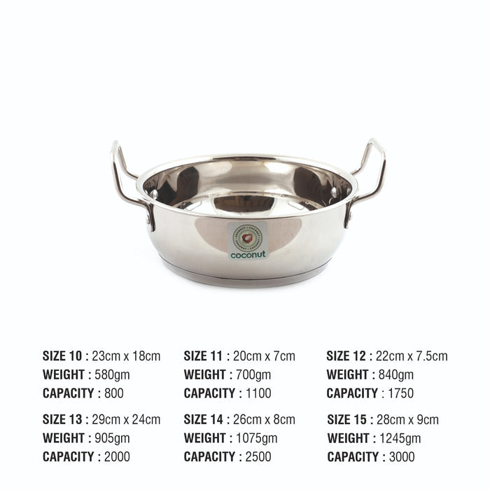 Coconut Stainless Steel Capsulated Kadai - Heavy Gauge, Mirror Finish, Sandwich bottom, Induction Base Kadai, Model-Capsulated Kadai
