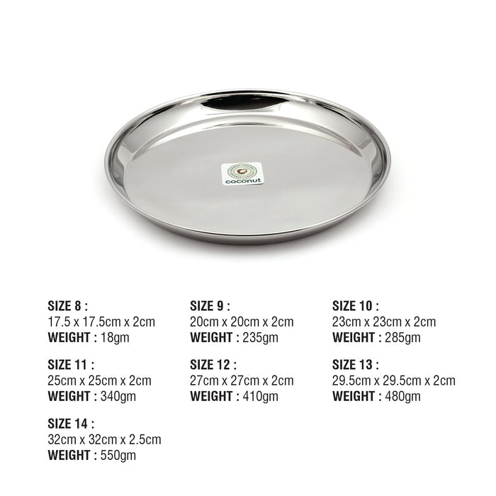 Coconut Stainless Steel Dinner Plate / Meal Plate / Serving Plate - Pack of 6 (Model P3 Plate)