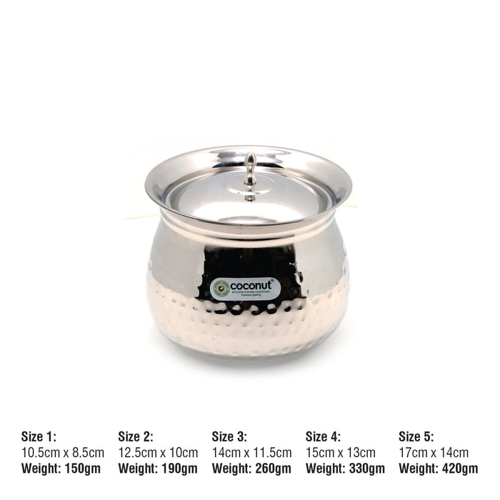 Coconut Stainless Steel Gaze Handi with Lid - Hammered Finish,Cook n Serve, Handi with Lid, Gas n Stove Compactible, Pot / Degchi / Gundu / Dahi Handi / Serving handi / Cooking Pot, Model - Gaze Handi