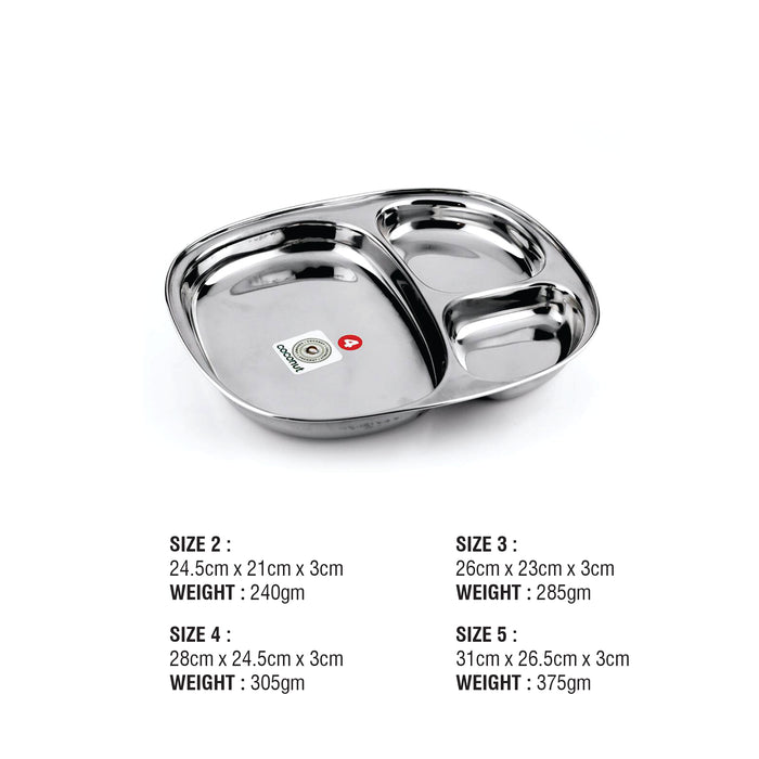 Coconut Stainless Steel Partition Plate - Pack of 2, Heavy Gauge, Mirror finish, Durable, Partition Plate / Pav Bhaji Plate / Serving Plate /Lunch / Dinner / Bhojan / Compartment Plate, Model- Dynasty Plate