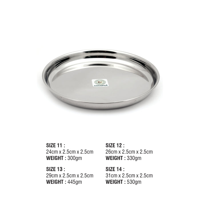 Coconut Stainless Steel Plate - Pack of 6, 22 Gauge, Mirror Finish, Solid, Dinner Plate / Meal Plate / Serving Plate/ Thali, Model-22g Beeding Plate
