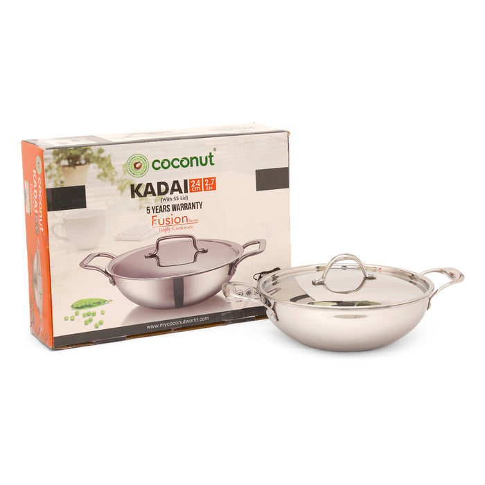 Coconut Stainless Steel Triply Kadai with lid | Heat resistant handles- Gas and Induction stove compactible | Even heat distribution