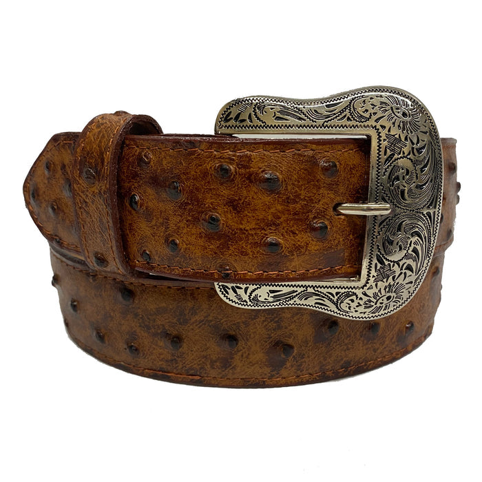 Brown leather full quill ostrich print belt with a western buckle.