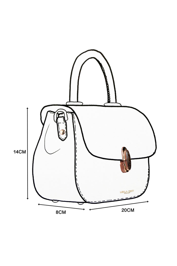 Line drawing design sketch of Delia Tan faux leather Top Handle Crossbody with Resin Waterloo Twist Lock clasp