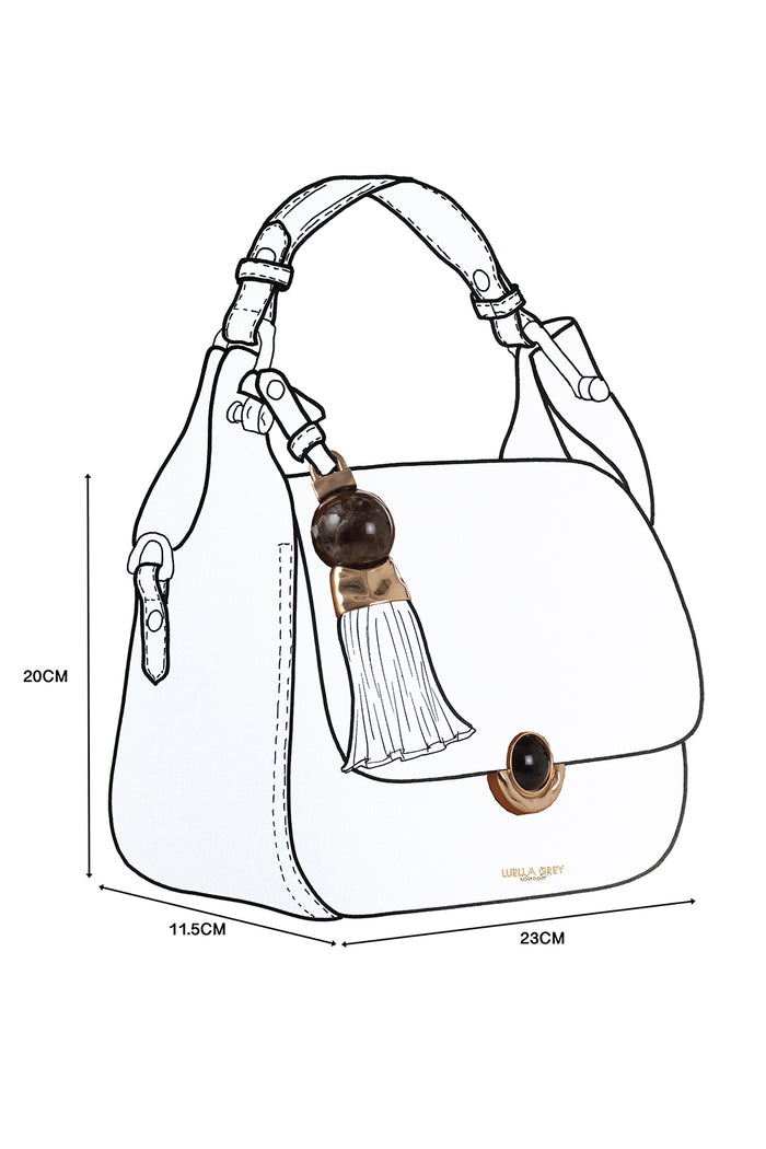 Line drawing design sketch of Diana Fawn faux leather Top Handle Crossbody with Thames tassel and Signature Crystal Palace clasp closure details