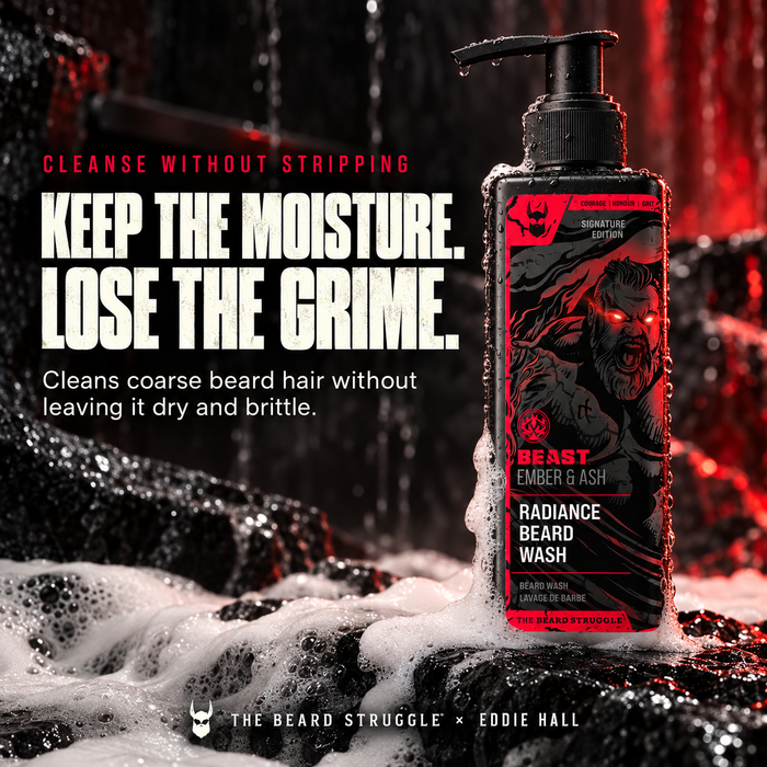 Beast Ember & Ash Beard Wash bottle in foam and water, headline Keep the Moisture, Lose the Grime