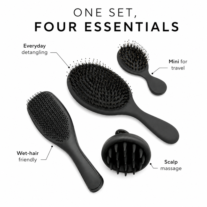 π What's included:
βοΈ 1 x Tender Strands Detangle Brush (Black)
βοΈ 1 x Tender Strands Mini Detangle Brush (Black)
βοΈ 1 x Tender Strands Wet Detangling Brush (Black)
βοΈ 1 x Tender Strands Scalp Massager (Black)
βοΈ 1 x FREE Brush Cleaner