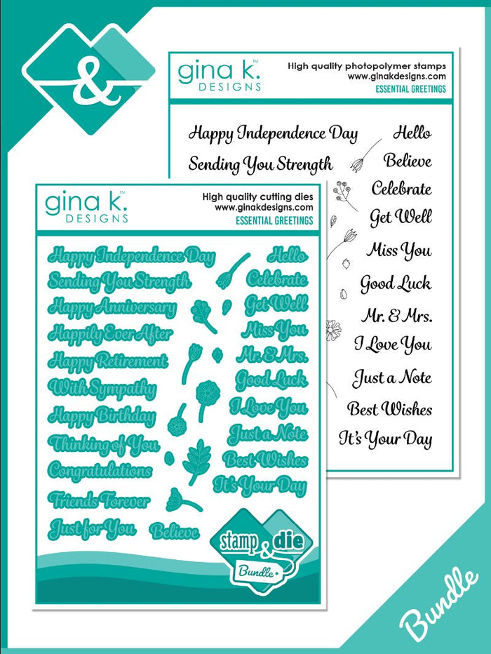 Gina K. Designs - Stamp & Dies - Essential Greetings. Set by Debrah Warner. Available at Embellish Away located in Bowmanville Ontario Canada.