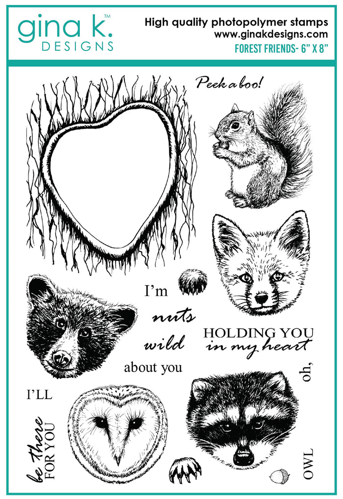 Gina K. Designs - Stamps - Forest Friends. Forrest Friends is a stamp set by Gina K Designs. This set is made of premium clear photopolymer and measures 6" X 8". Made in the USA Coordinating die set sold separately.