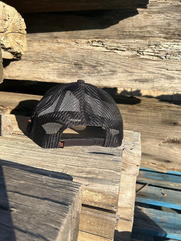 Hooey x Oklahoma State University Cowboys Black 6 panel snapback trucker cap with mesh back. Features a Cowboys patch on front and a small Hooey logo on side. Rear view outside photo.