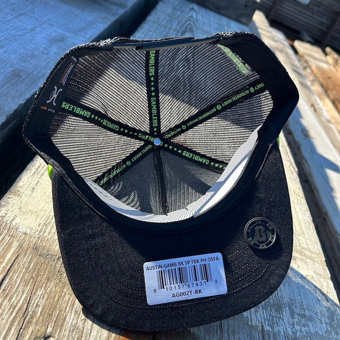 Hooey x Austin Gamblers black and neon green snapback cap. Austin Gamblers Deal Me In patch with neon green and black rope on front. Inside view