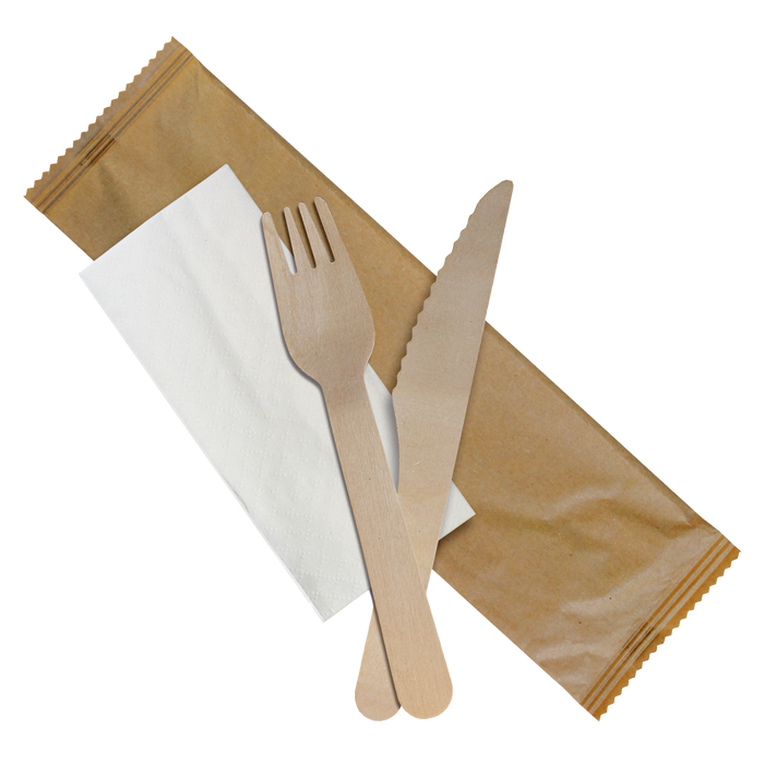 Herald Biodegradable Cutlery 250 Sets / Fork Knife Napkin Individually Wrapped Birchwood Cutlery 3 pack