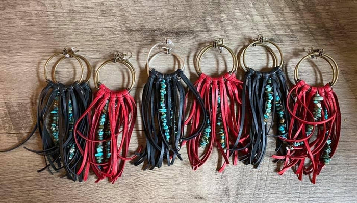 Kinsel Red turquoise Chip Deerskin Leather fringe earrings