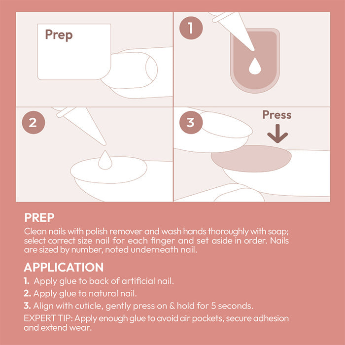 Kiss Bare But Better nails application instruction card showing prep steps glue application and nail pressing