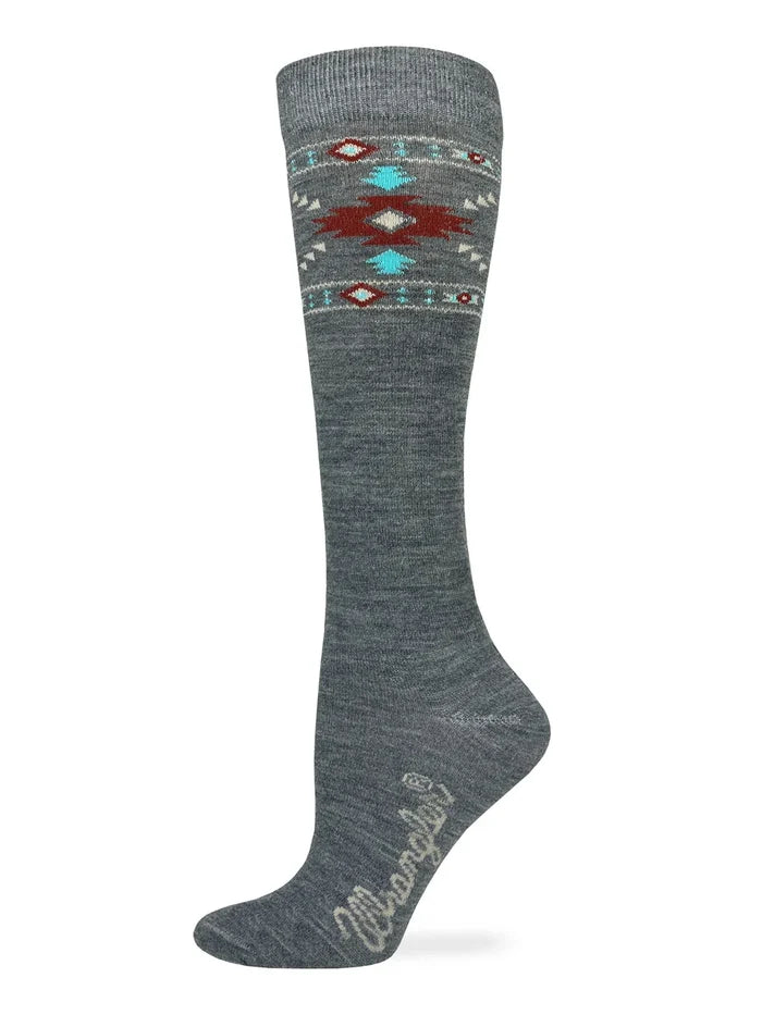 Ladies Gray tall boot sock with Aztec patterned top and Wrangler logo on foot.