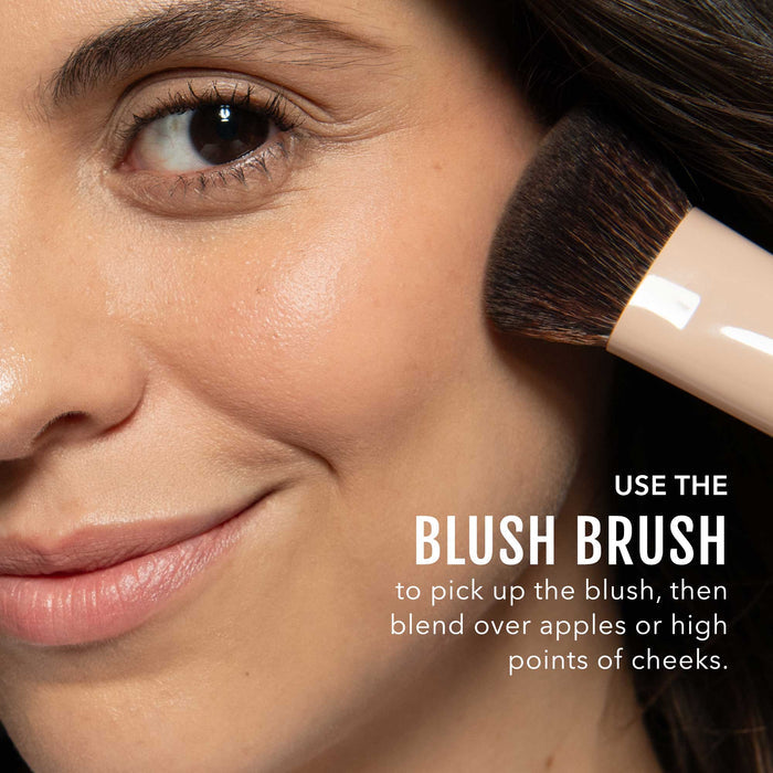 No Makeup Makeup – Woman applying peach blush & lip color with a brush, close-up of face, natural minimal makeup