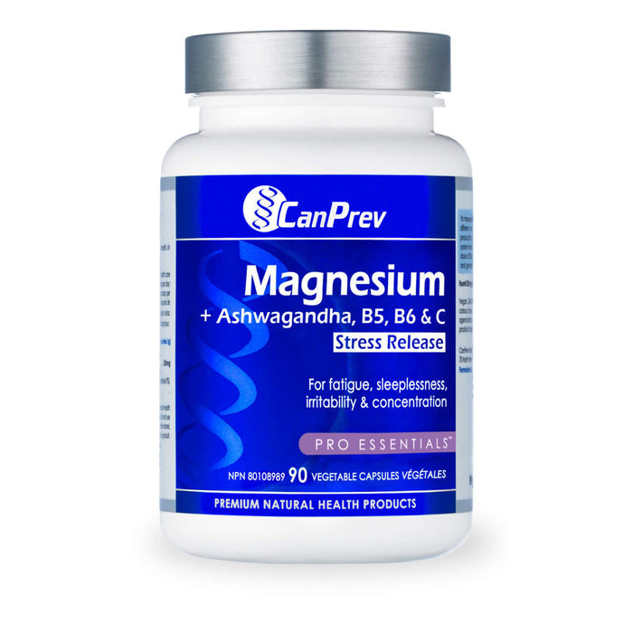 Bottle of CanPrev Magnesium Stress Release + Ashwagandha, B5, B6 & C 90 Vegetable Capsules