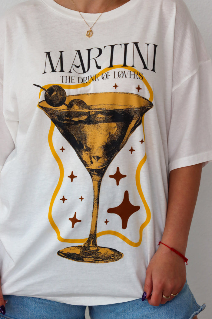girl wearing martini graphic tee