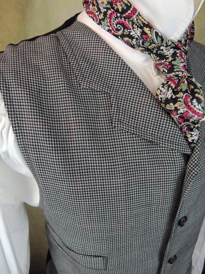 Men's Notch Vest - Black and Grey Herringbone with Red Windowpane #800