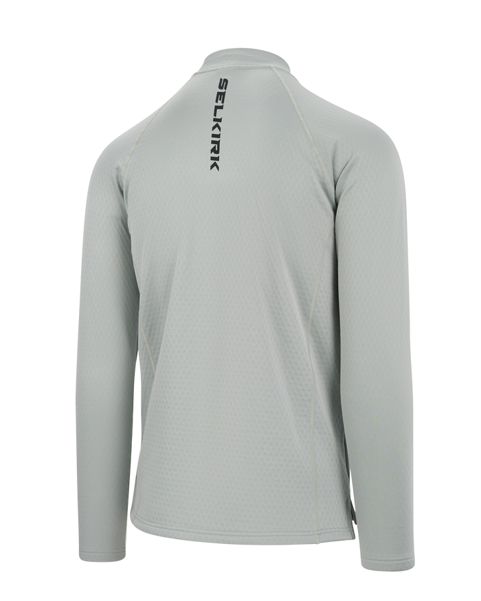 Selkirk pickleball men's quarter-zip shirt in black, white, and grey.
