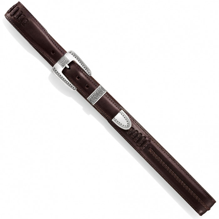 A finely etched, antique washed silver-plate buckle and keepers design give this brown leather belt a refined look.