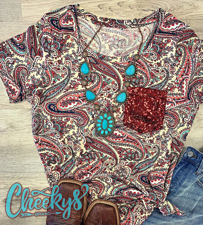 Paisley Sequin Pocket tee (SMALL- LG- XL ONLY)