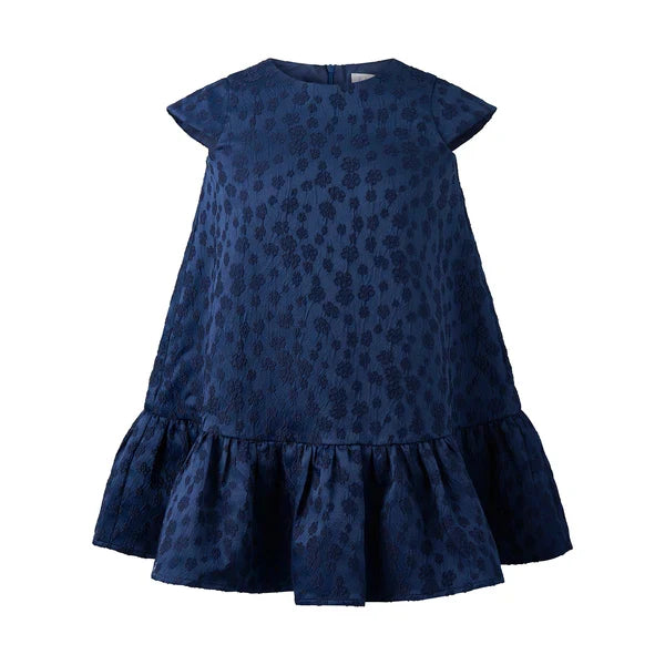Rachel Riley Navy Petal Damask Drop Hem Dress