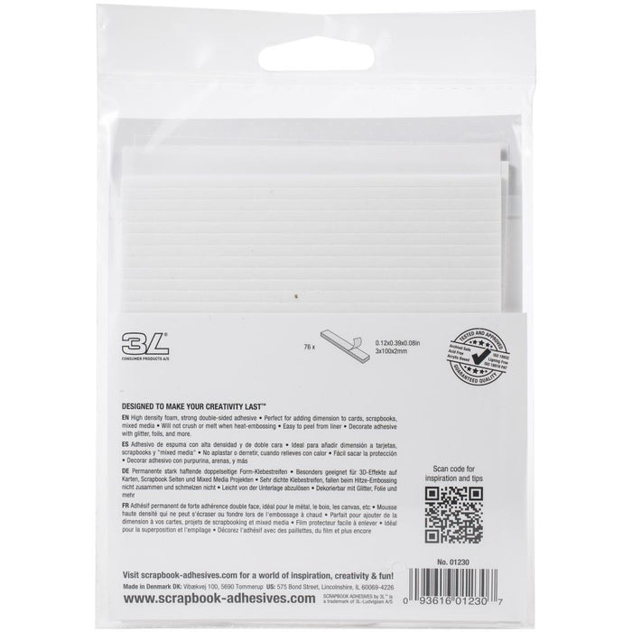 Scrapbook Adhesives - 3D Foam Strips - 76/Pkg - White - 0.12"X3.93"X0.08". Use 3D Foam Strips to create dimension on cards, scrapbook pages and mixed media crafts. High density foam does not crush and can be heat embossed. Perfect for paper to paper applications, but also works on wood, glass, plastic, canvas, metal, and ribbon. This package contains 76 .12x.39x.08 inch 3D foam strips. Available at Embellish Away located in Bowmanville Ontario Canada.