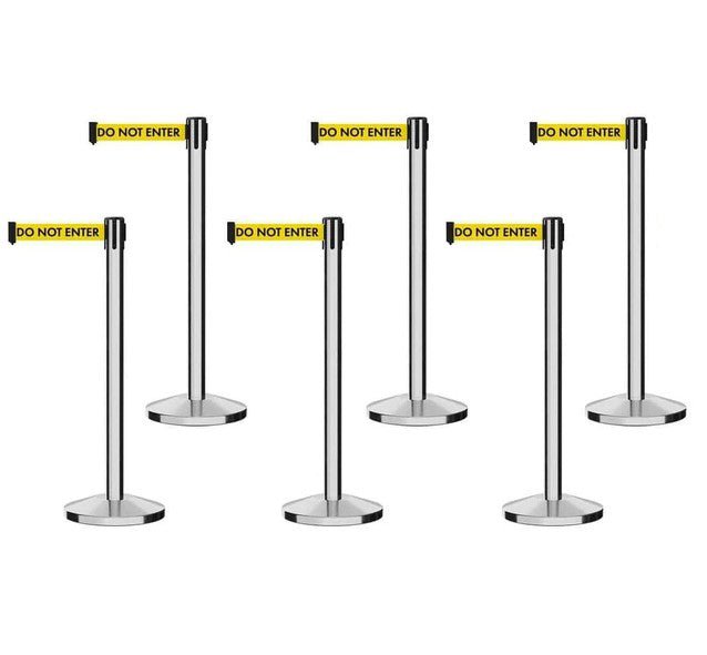 POLISHED STAINLESS STEEL POST AND BASE / YELLOW WITH "CAUTION : DO NOT ENTER" TEXT IN BLACK TEXT