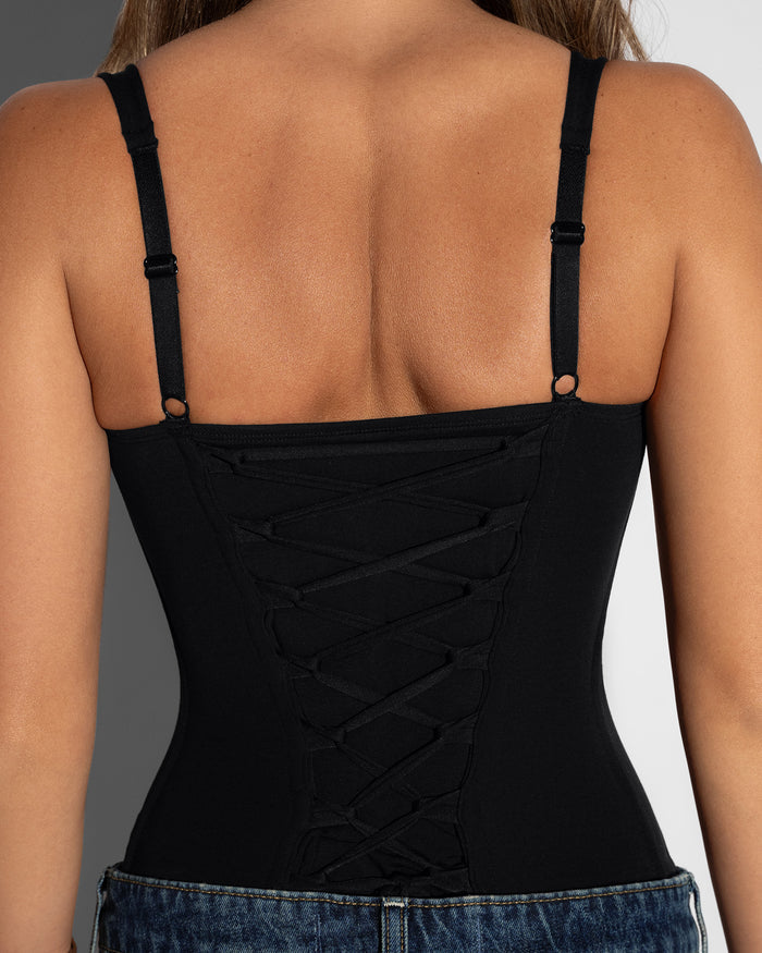 On model detail shot of back lacing on Shapey Bra Cami - Black