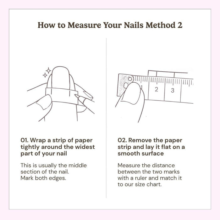 EyeCandys Silver Spotted Press-On Nails sizing: Step 1βwrap paper around the widest part of your nail, marking both ends; Step 2βuse a ruler to measure the distance between marks for an accurate fit.
