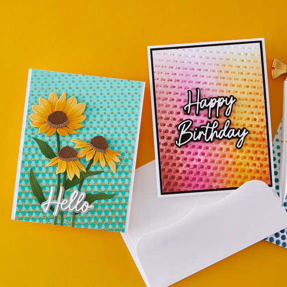 Spellbinders - BUNDLE 3D Embossing Folder & Stencil Bundle - Cascading Dots. Embossing Folder 5.5x8.5. Available at Embellish Away in Bowmanville Ontario Canada. Example by Simon Hurley.