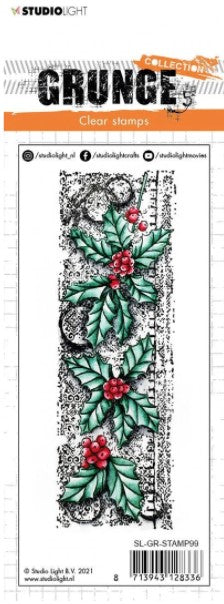 Studio Light - Clear Stamp - Christmas Branches Grunge. This mixed media style stamp features images of branches with holly berries and leaves all in a collage style. Great for Christmas or Winter cardmaking. Size: 2 x 5.8 inches. Available at Embellish Away located in Bowmanville Ontario Canada.