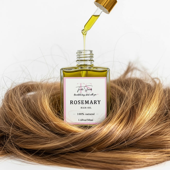 Rosemary hair oil dropper bottle with oil being added to a pile of hair on a white background