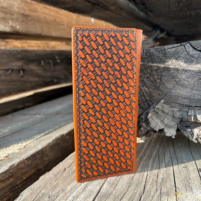 Brown basketweave leather tall wallet with a cowhide inlay featuring a Longhorn Concho. Rear View