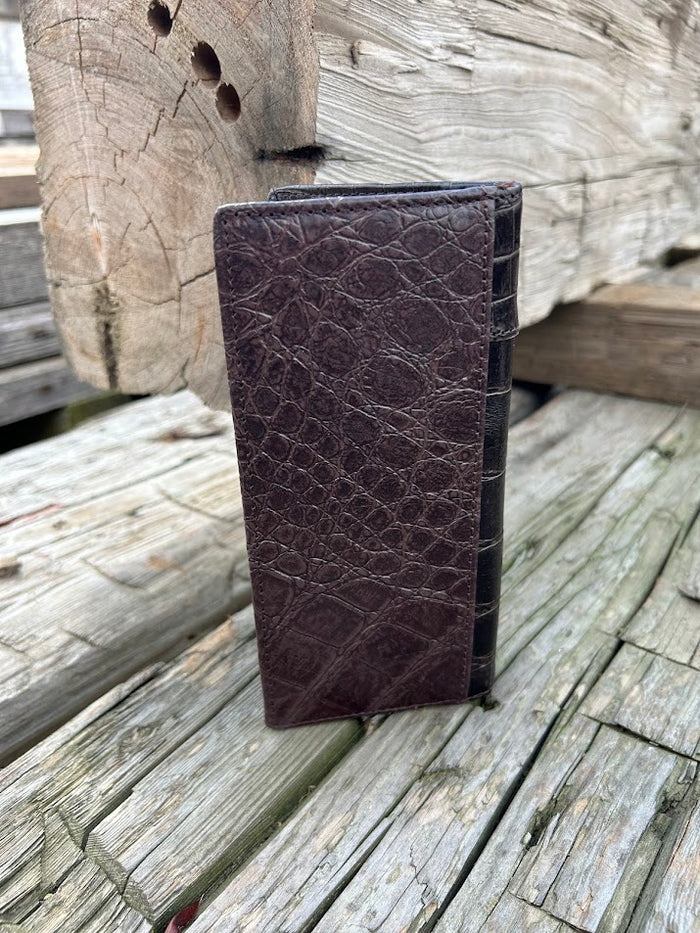 Coffee brown alligator print leather checkbook wallet with a Bull Rider Concho on a cowhide inlay. Rear View