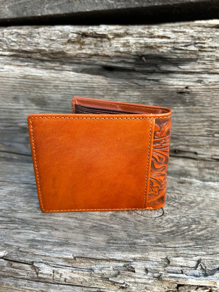 This Light Brown leather bifold wallet features a intricate tooled pattern over a Beige inlay. Rear view
