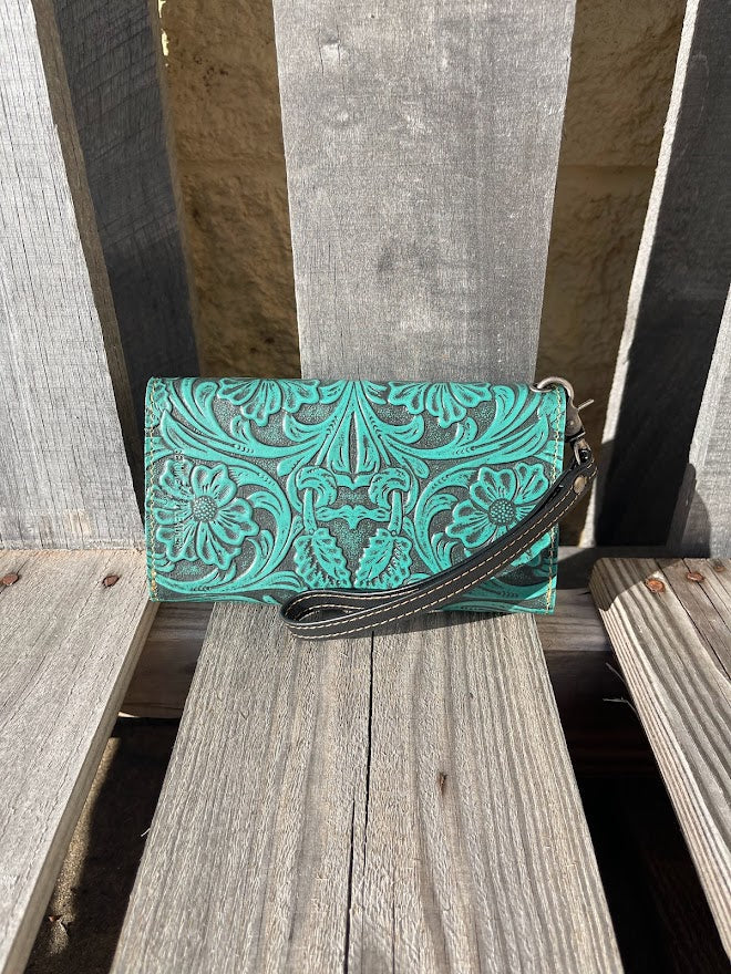Turquoise tooled leather phone case wallet. Front View